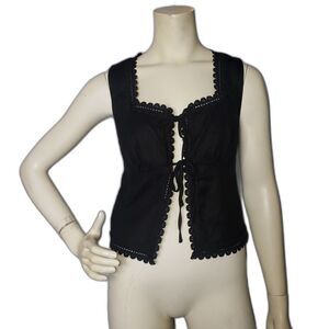 House of Harlow 1960 Vest Womens Small Black Linen Blend Lace Trim Tie Front